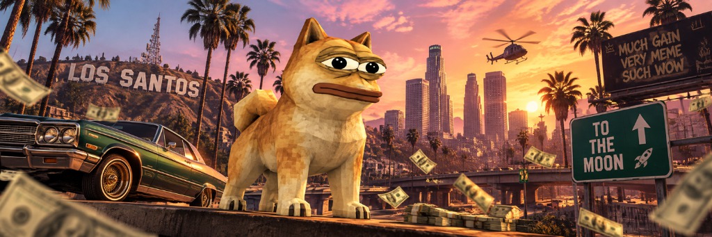 Doge Pepe banner on the Los Santos overlook at sunset