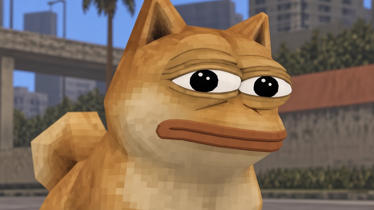 Close-up of Doge Pepe, the low-poly shiba with the pepe face