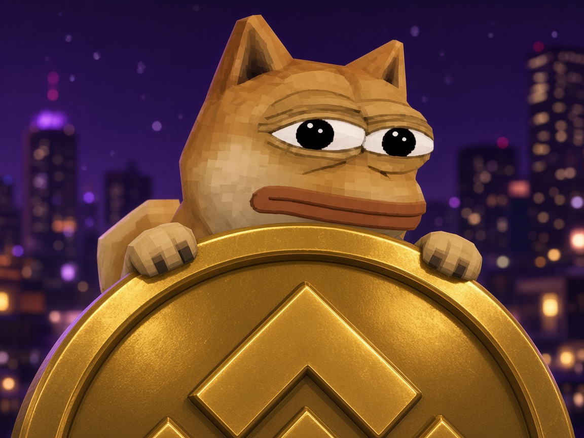 Doge Pepe peeking over a gold coin at night