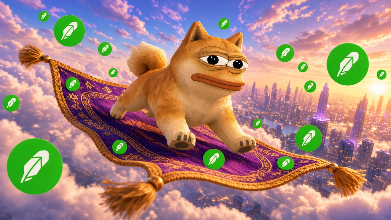 Doge Pepe flying toward the camera on a purple carpet