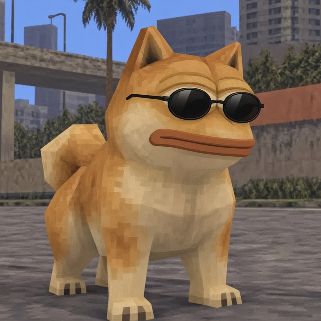 Doge Pepe in sunglasses on a city street